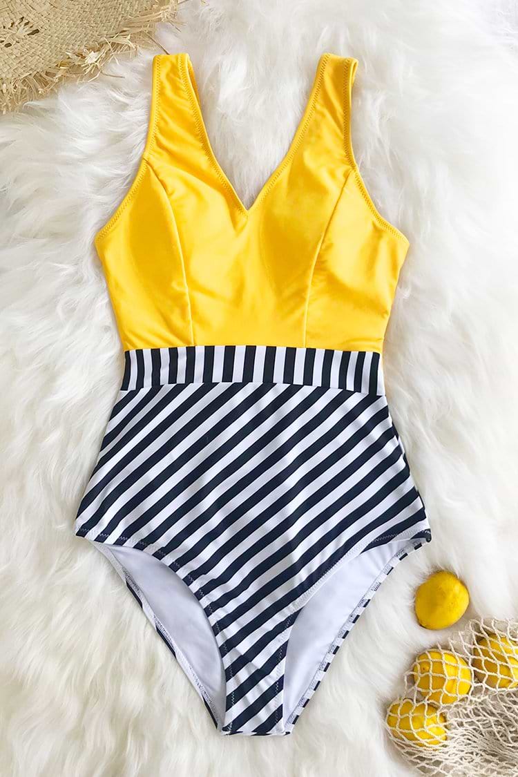 Yellow V-Neck and Striped Bottom One-Piece Swimsuit