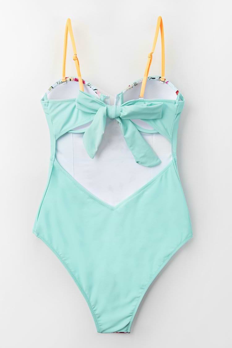 Mint Blue Floral One-Piece Swimsuit With Moulded Cups