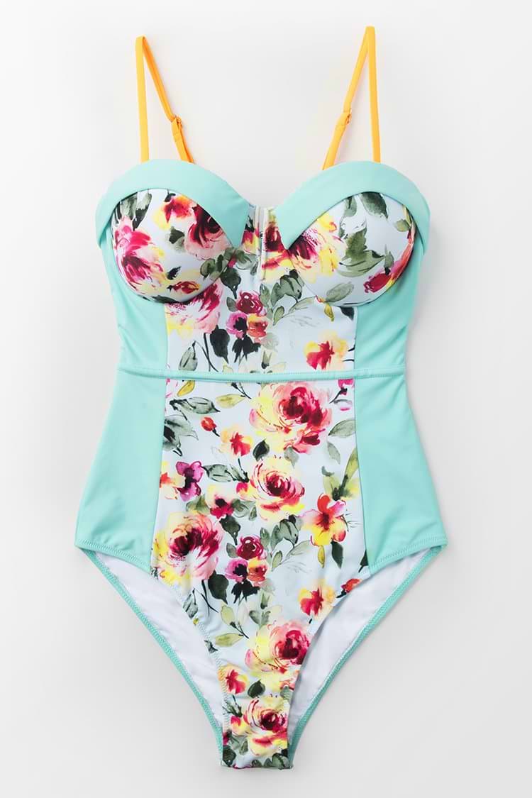 Mint Blue Floral One-Piece Swimsuit With Moulded Cups