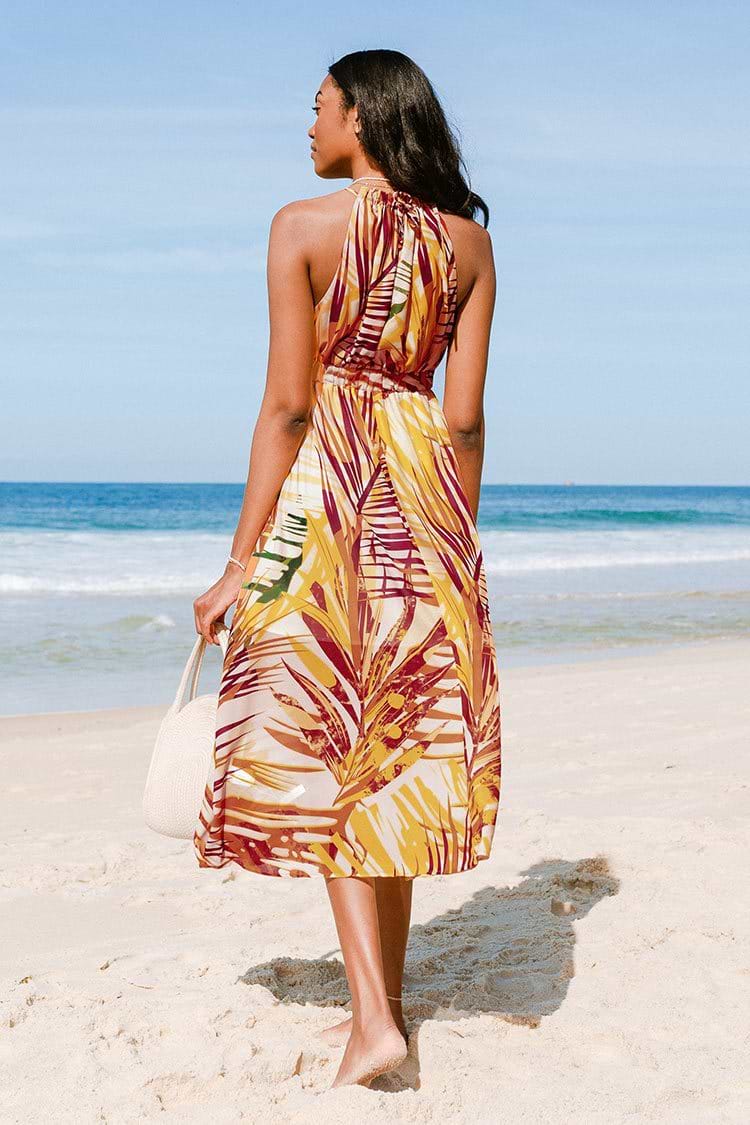 Robe jaune imprimé plantes tropicales