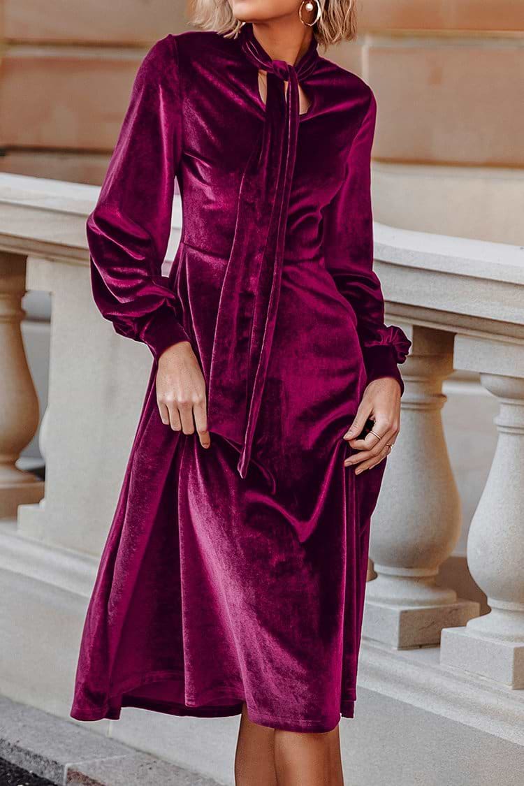 Pussy-Bow Long Sleeve Velvet Dress