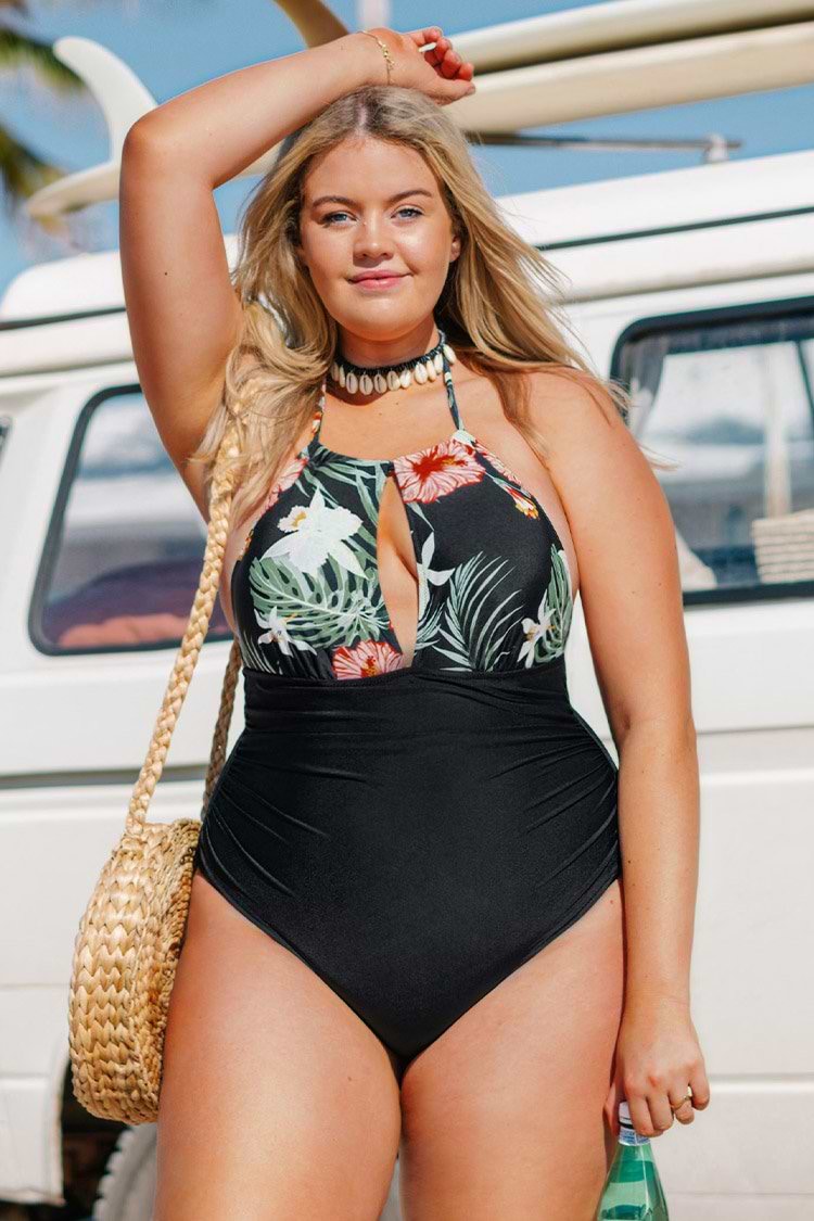 Emelia Tropical Halter Plus Size One Piece Swimsuit