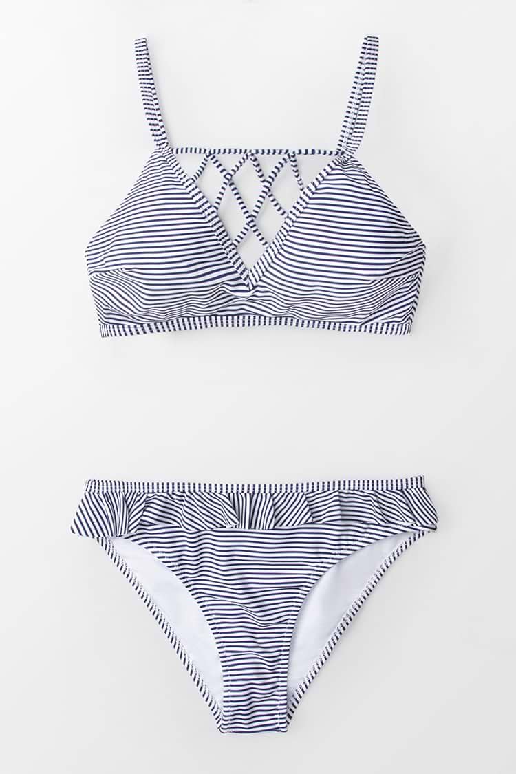 Blue And White Stripe Strappy Bikini