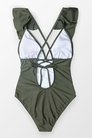 Olive Green One Piece Swimsuit with Ruffled Shoulder Straps