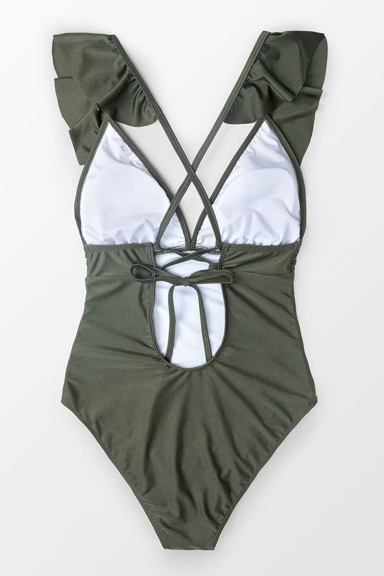 Olive Green One-Piece Swimsuit with Ruffled Shoulder Straps