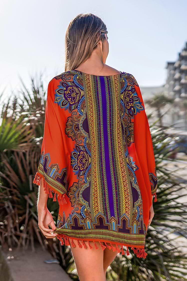 Orange Boho Cover Up with Tassels