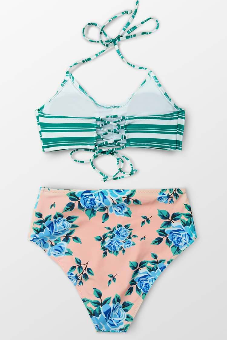 Green Striped and Floral High-Waisted Bikini Bottom