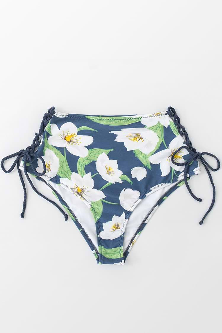 Floral Lace Up High Waisted Bikini Bottom