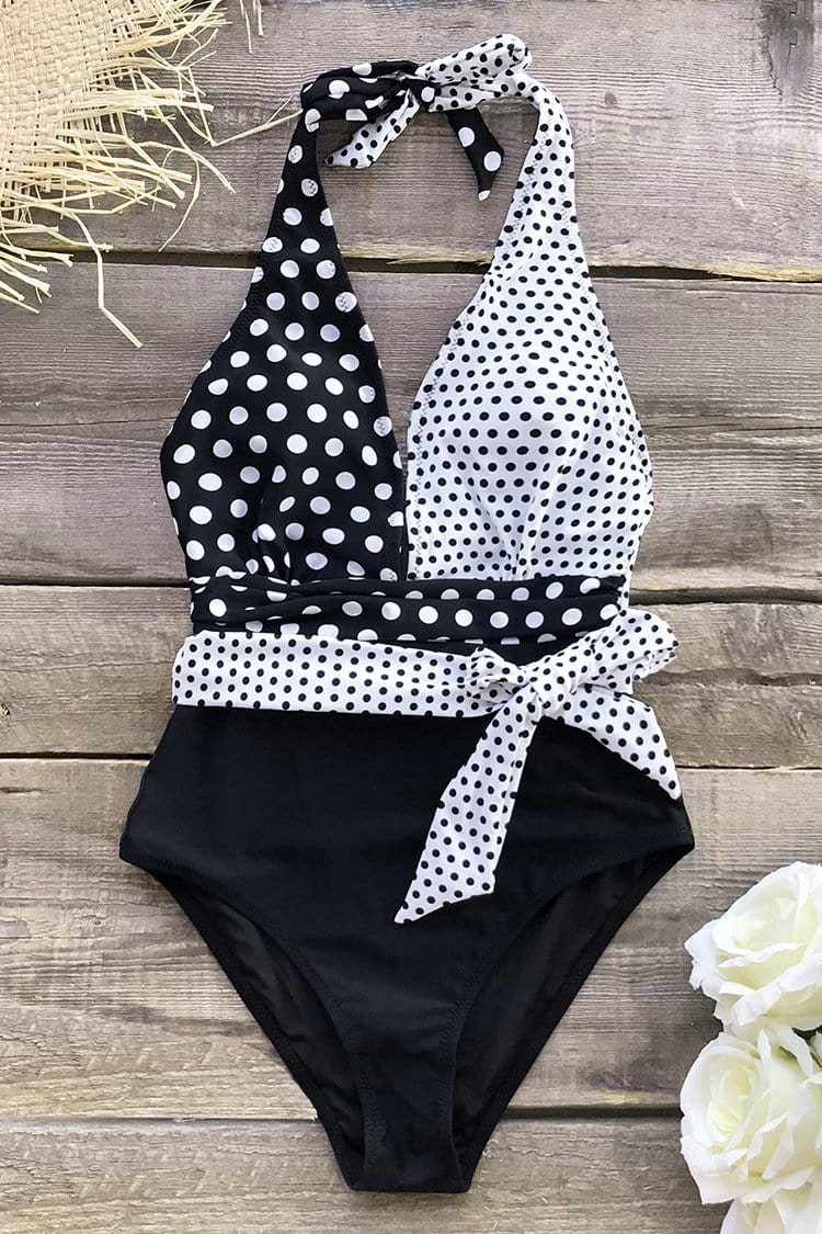 Black and White Polka Dot Belted Halter One-Piece Swimsuit