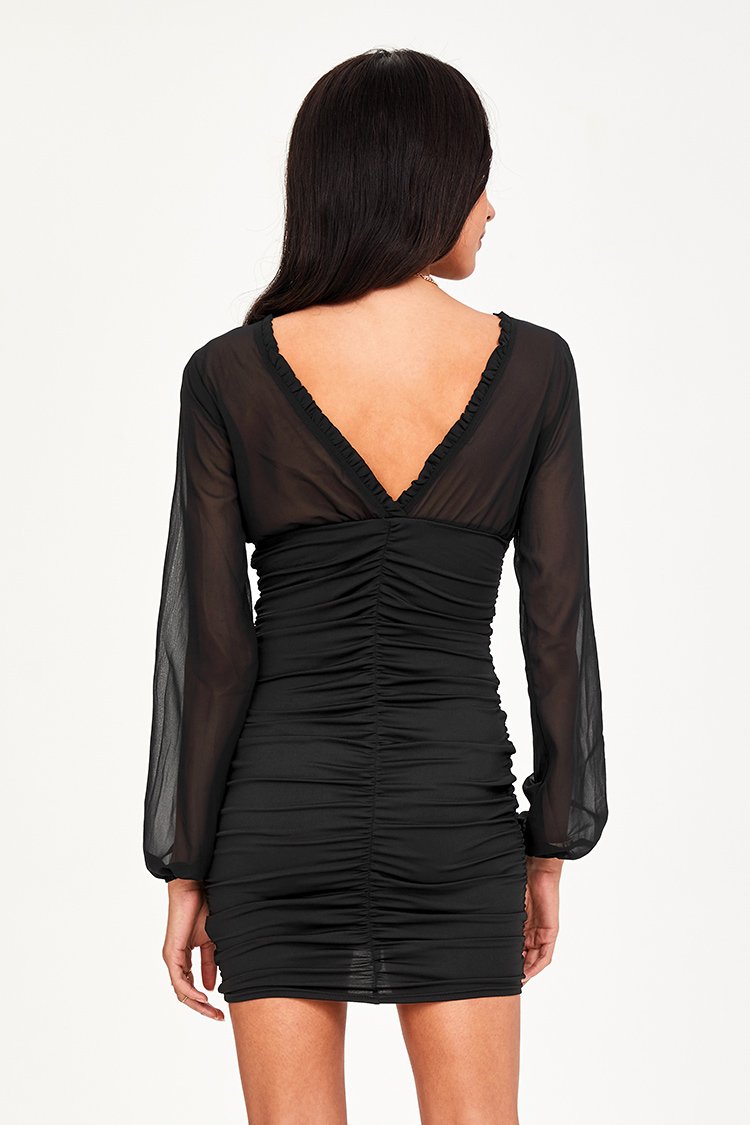 Black Mesh Ruched Mini Dress