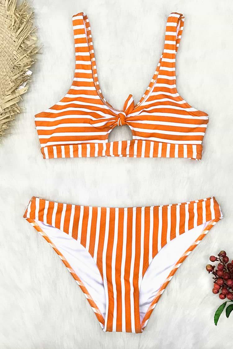 Orange And White Stripe Bikini With Bowknot