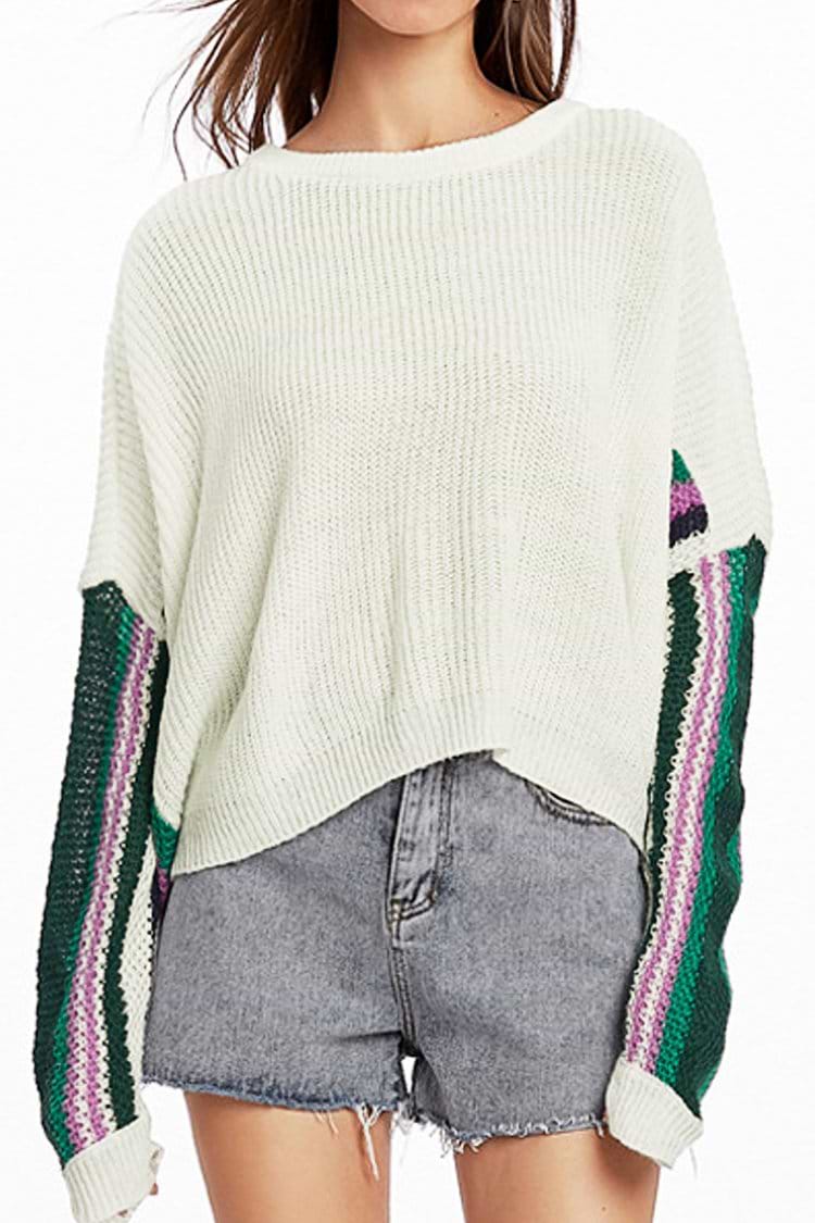 Striped Sleeves White Knit Sweater