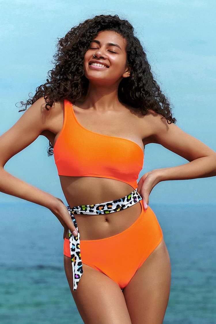 Orange with Leopard Tie One Piece Swimsuit