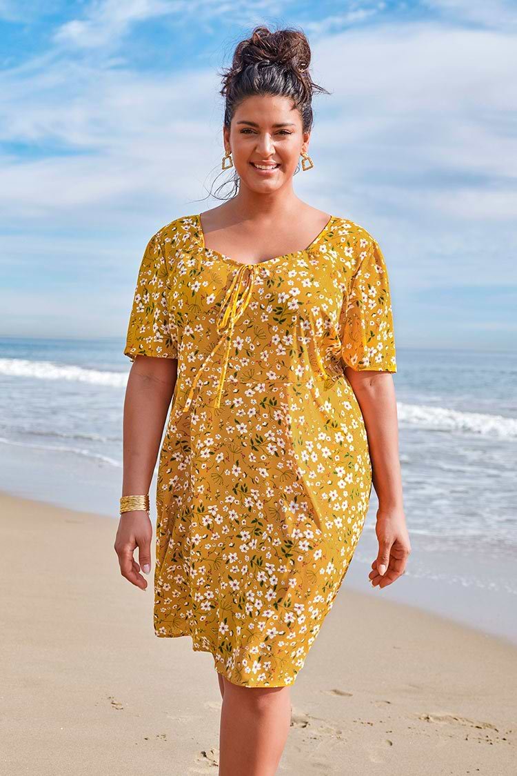 Yellow Floral Smocked Plus Size Dress