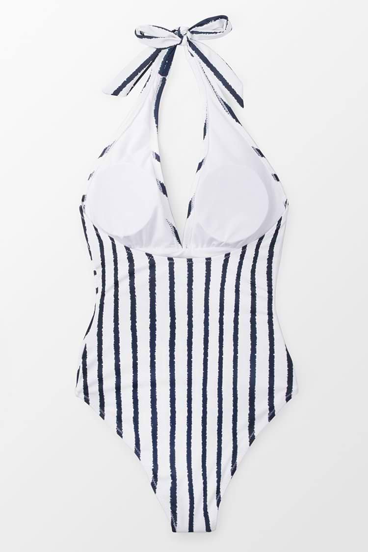 Navy And White Stripe Halter One-piece Swimsuit
