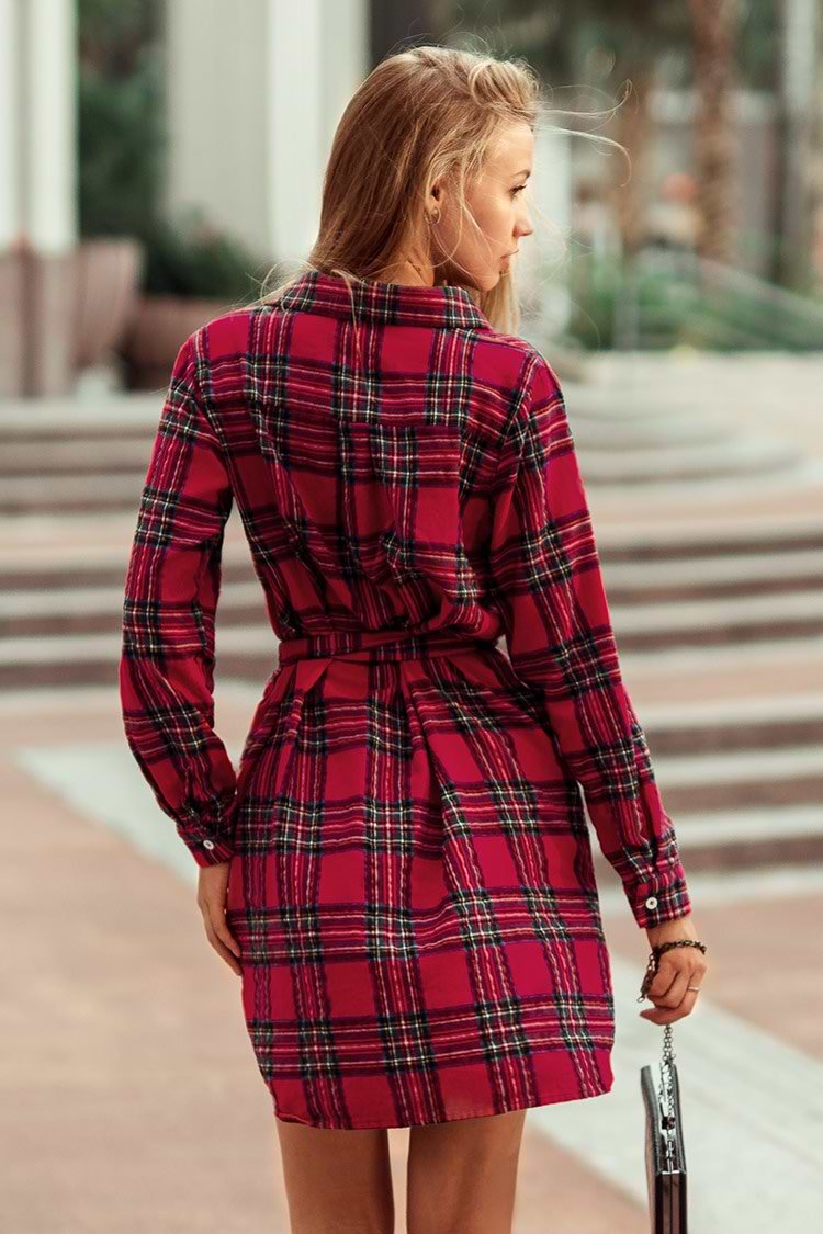 Red Plaid Belt Shirt Dress