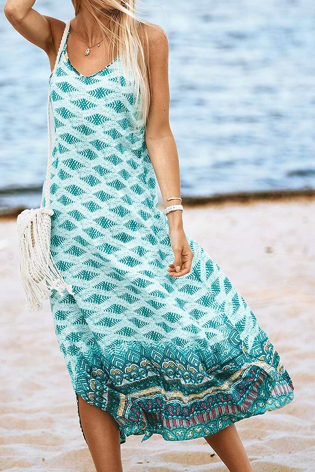 knee length dresses for ladies Aqua Floral Print Wrap V-Neck Midi Dress main image 0
