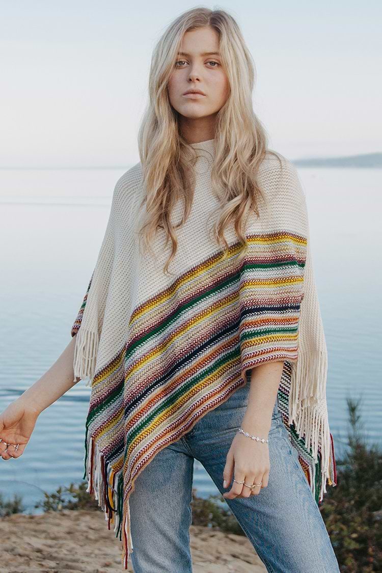 Striped Fringe Trim Poncho