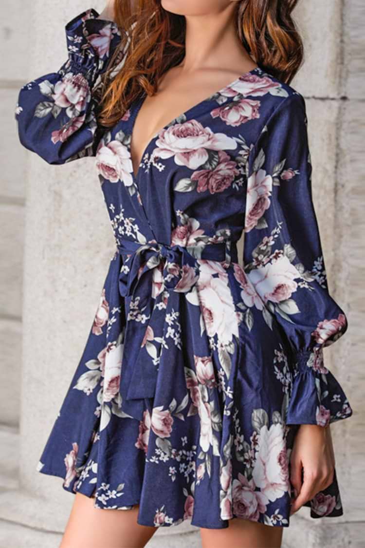Navy Floral Long Sleeve Mini Dress
