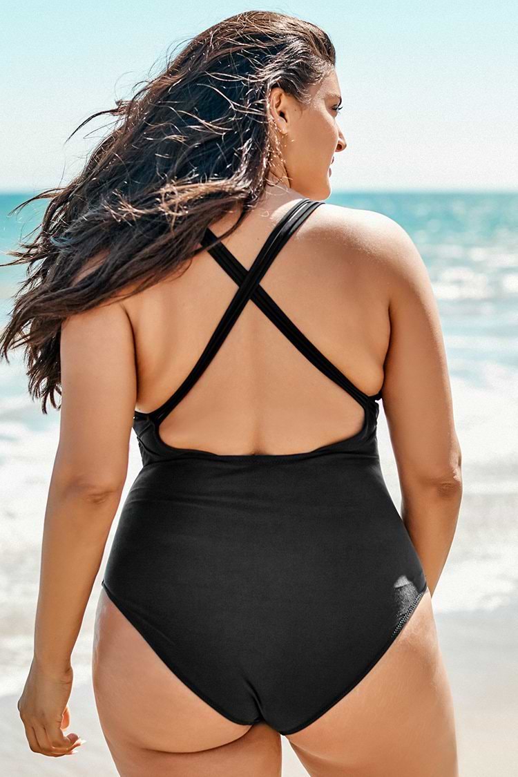 Black and White Gingham Ruched Plus Size One Piece Swimsuit