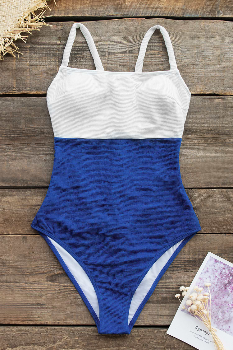 Ribbed Blue and White Colorblock One-Piece Swimsuit