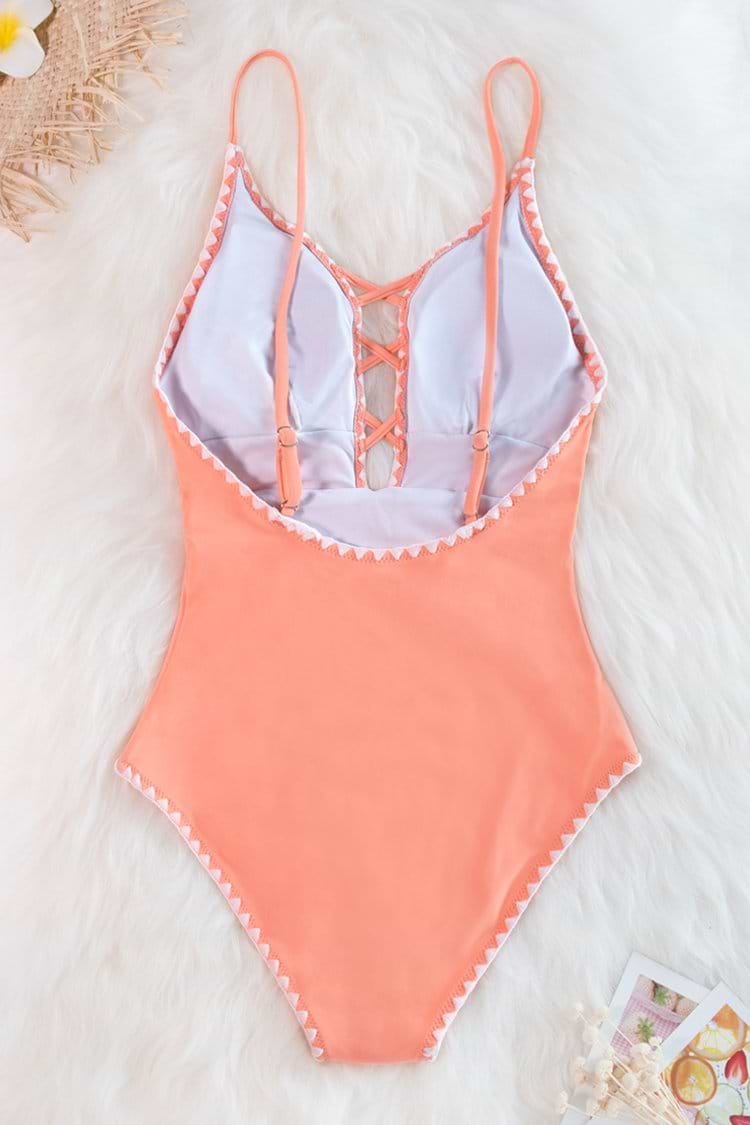 Peachy One-Piece Swimsuit with Crochet Trim