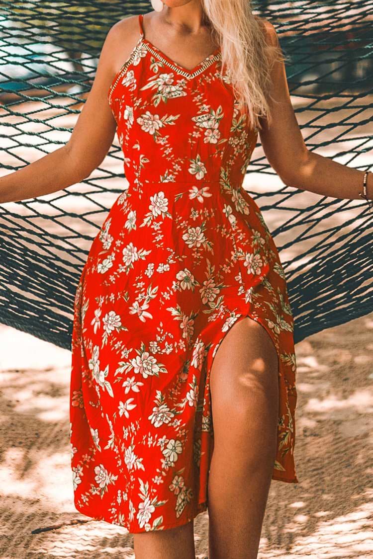Red Orange Floral Midi Dress
