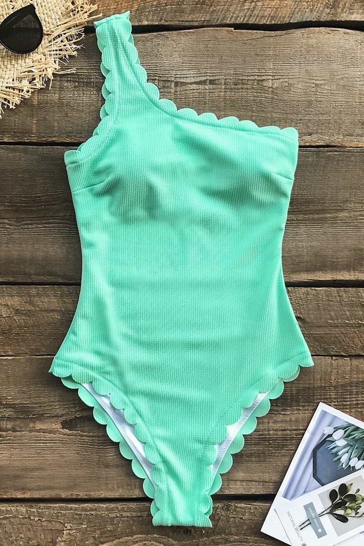 Aqua Scallop One Shoulder One Piece Swimsuit