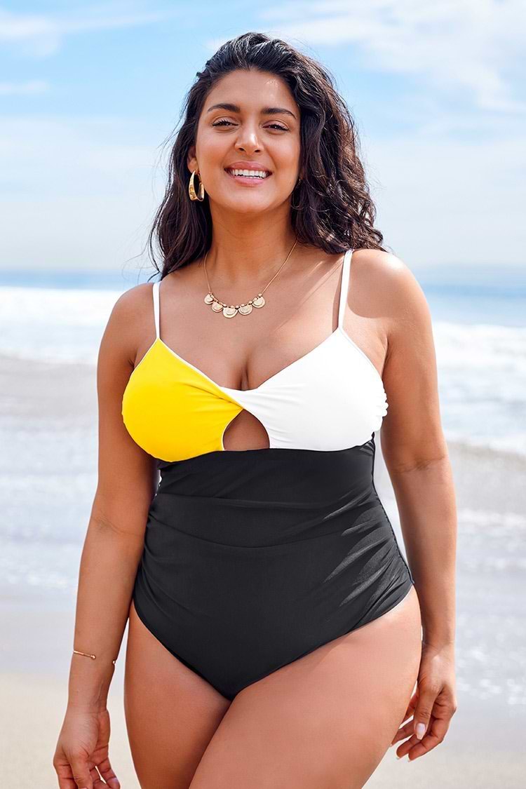 Yellow White and Black Plus Size One Piece Swimsuit