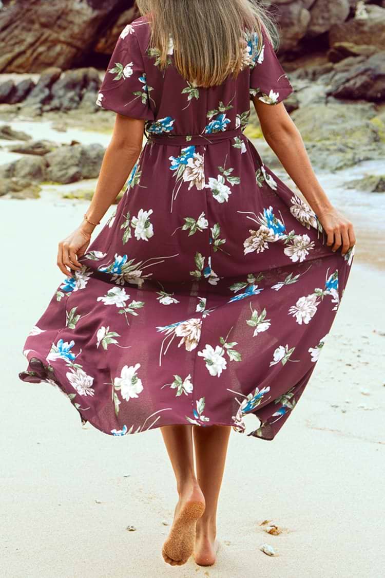 Wine Red Floral Maxi Dress