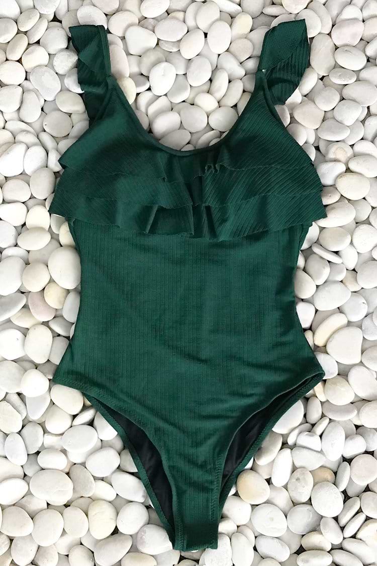 Dark Green Ruffle One-piece Swimsuit