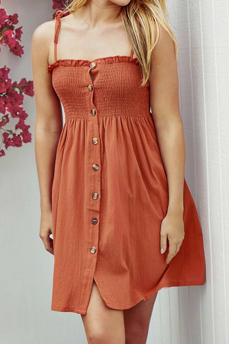 Caramel Solid Print Front Button Dress