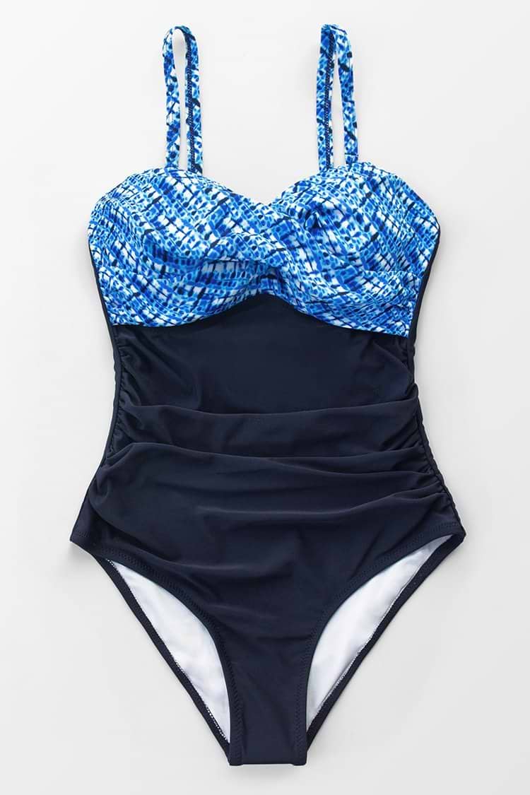 Black One-Piece Swimsuit with Blue Tie-Dye Effect