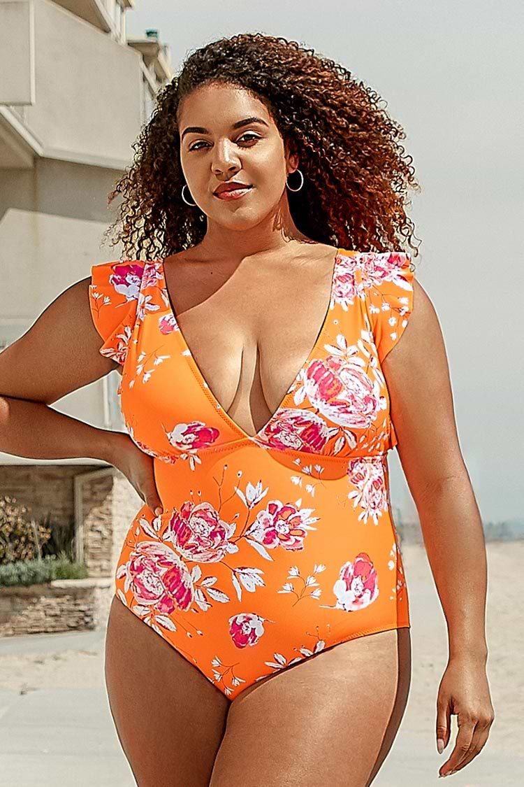 Orange Floral Ruffle Plus Size One Piece Swimsuit