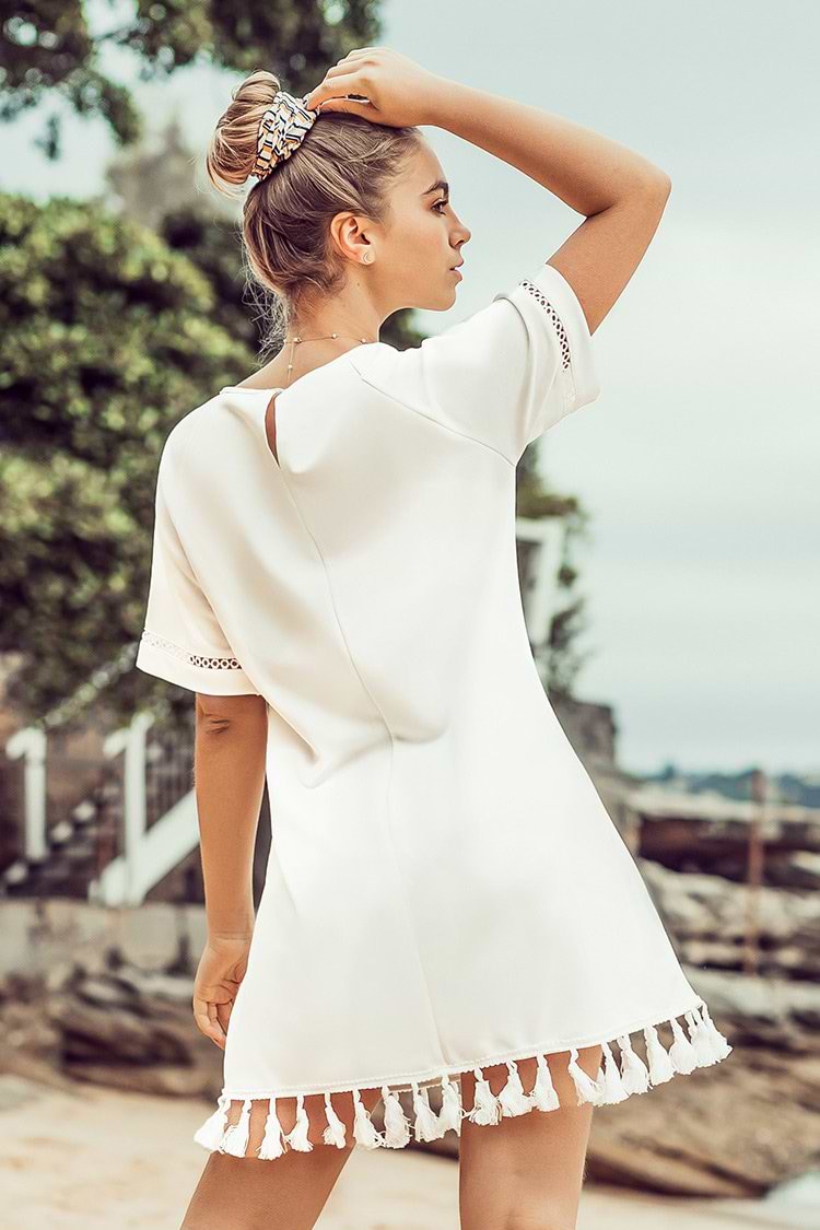 White Tassel Trim Short Dress