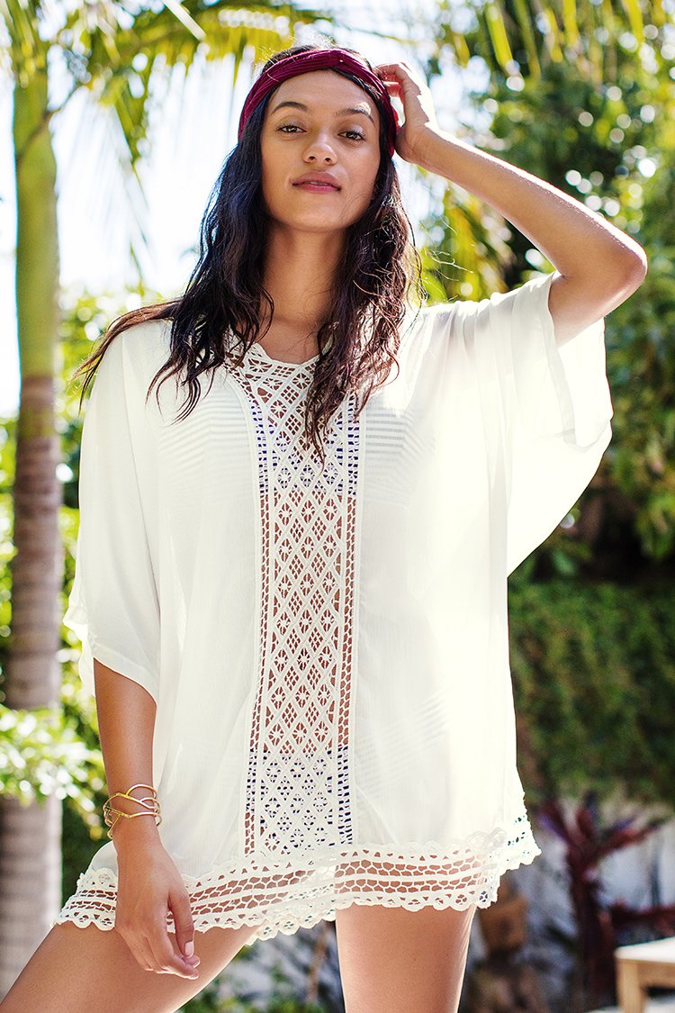 White Chiffon Stitching Lace Cover Up