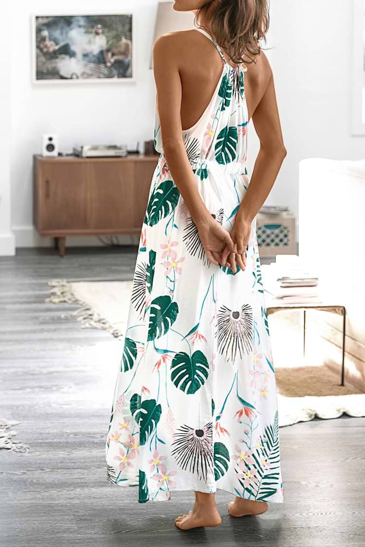 Leafy Print Long Slip Dress