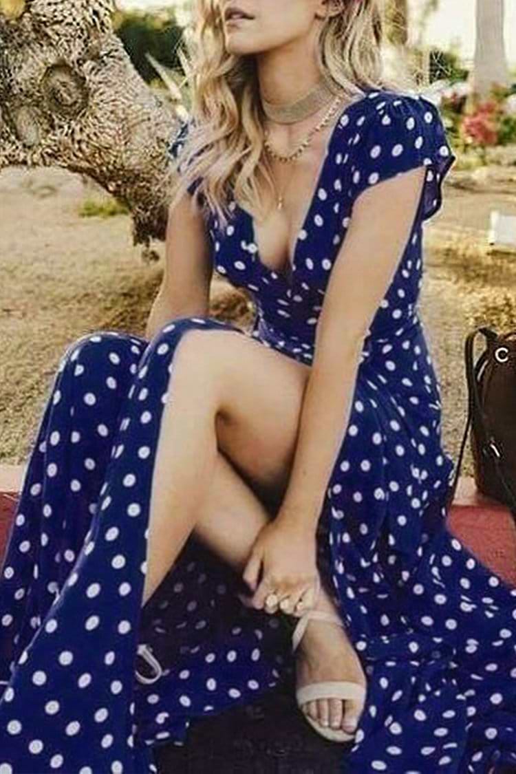 Navy Polka Dot V-Neck Wrap Dress