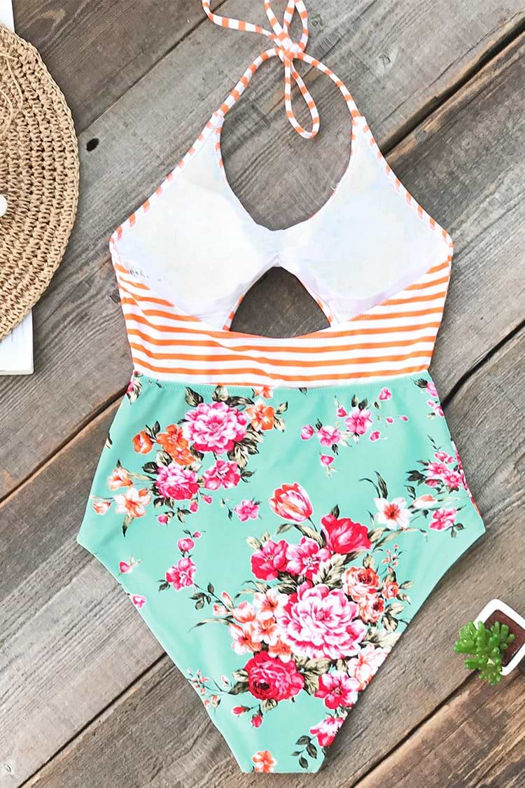 Orange Striped And Floral One-piece Swimsuit