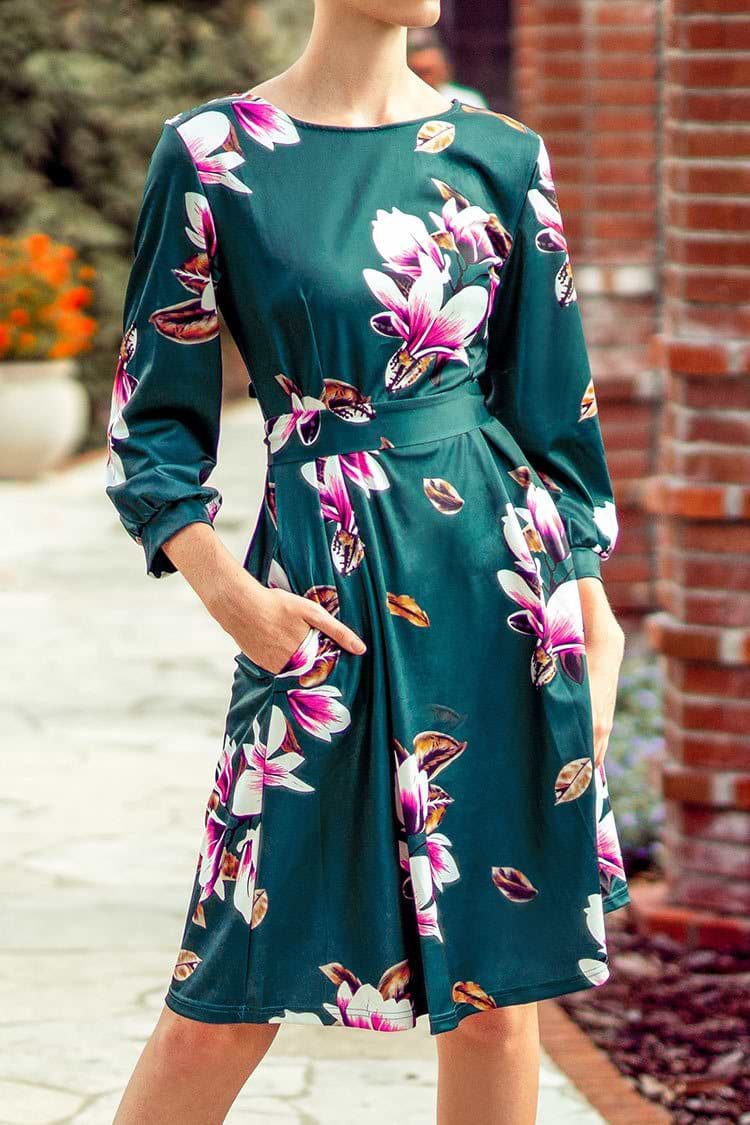 Dark Green Belt Floral Midi Dress