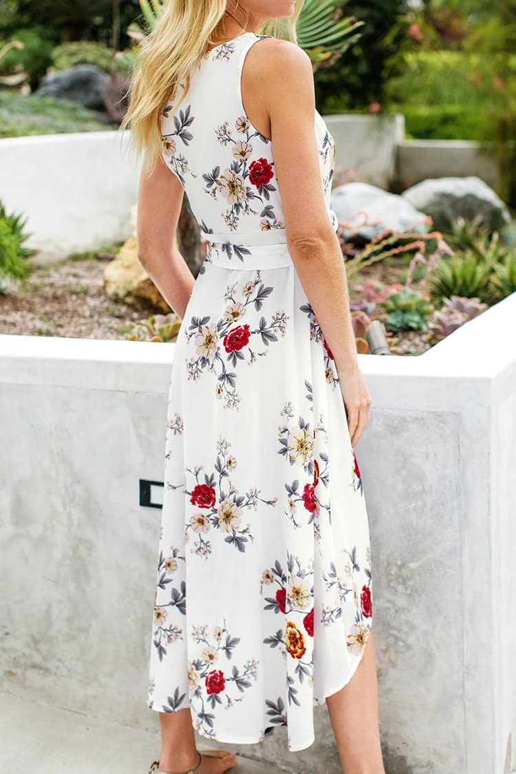 White Floral Sleeveless High-Low Wrap Dress