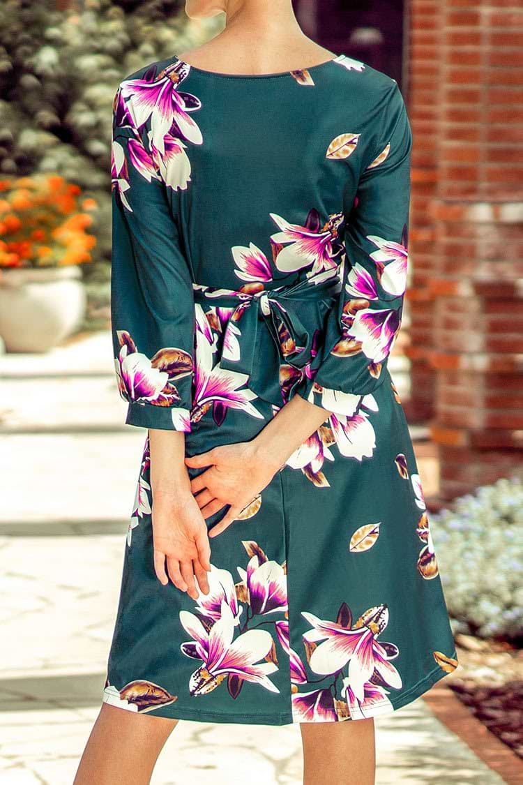 Dark Green Belt Floral Midi Dress