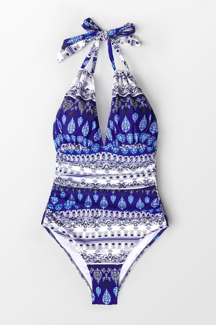 Blue and White Halter One-Piece Swimsuit