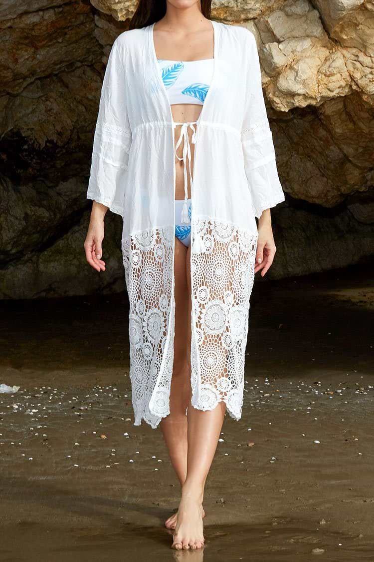 White Lace Bottom Self-Tie Kimono Cover Up
