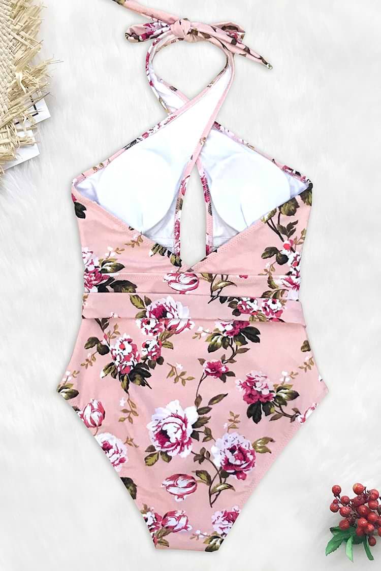 Pink Floral Belted One-Piece Swimsuit