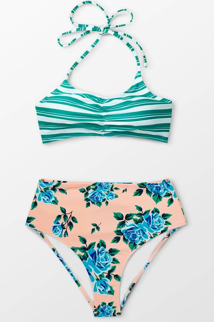 Green Striped and Floral High-Waisted Bikini Bottom