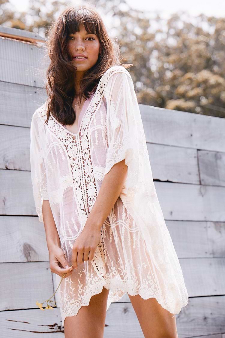 White V-Neck V-Back Lace Cover Up