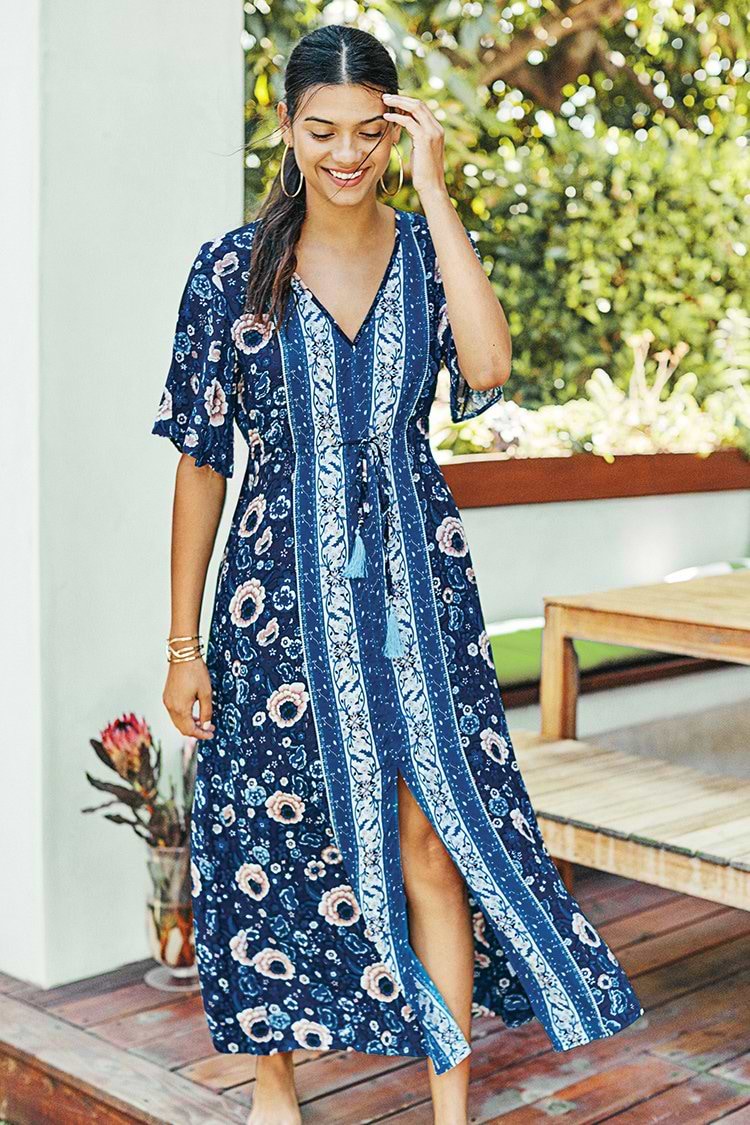 Aqua Blue Bohemian Floral Print Dress