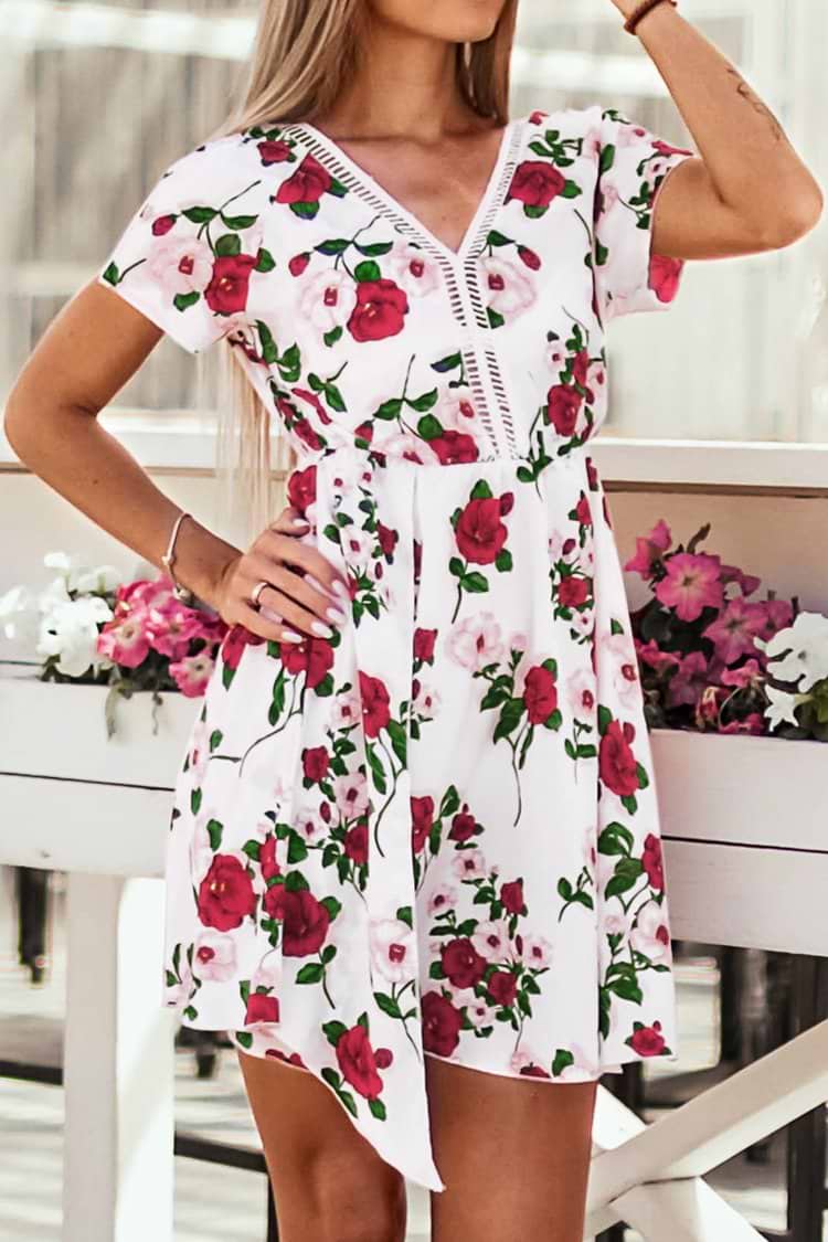 White Floral Print Midi Dress