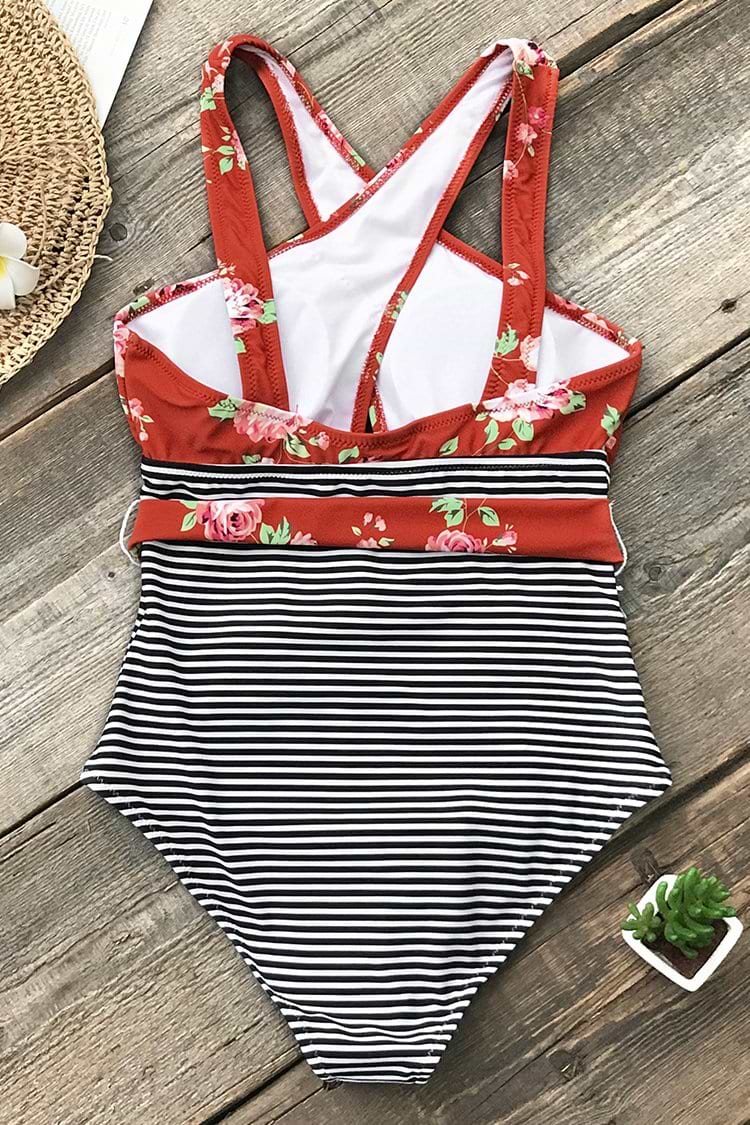 Red Floral And Stripe Belted One-Piece Swimsuit